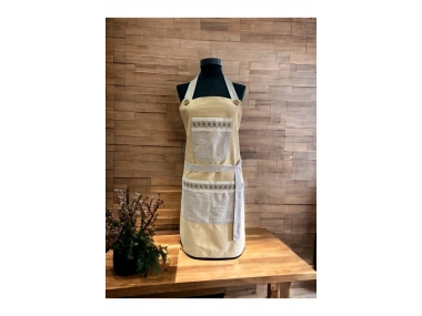 Sarı Renk Bej Cepli Keten Modern Etnik Tarz Çift Katlı Mutfak Önlüğü