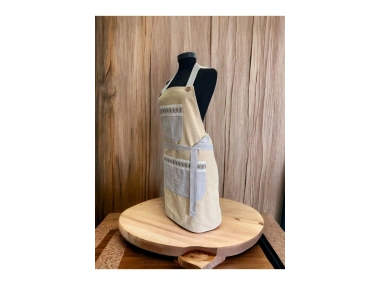 Sarı Renk Bej Cepli Keten Modern Etnik Tarz Çift Katlı Mutfak Önlüğü