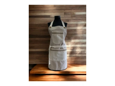 Bej Renk Krem Cepli Keten Modern Etnik Tarz Çift Katlı Mutfak Önlüğü