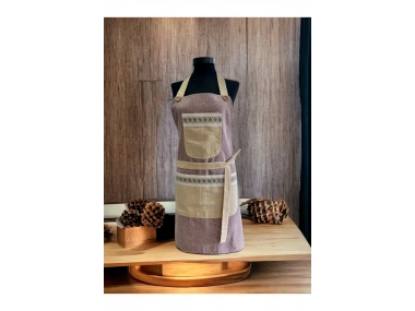 Bordo Renk Sarı Cepli Keten Modern Etnik Tarz Çift Katlı Mutfak Önlüğü