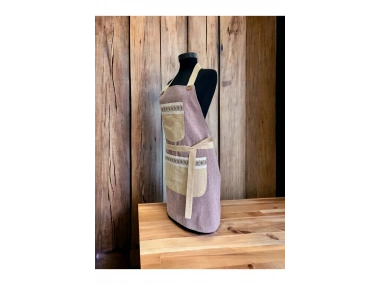 Bordo Renk Sarı Cepli Keten Modern Etnik Tarz Çift Katlı Mutfak Önlüğü