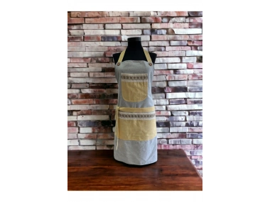 Gri Renk Sarı Cepli Keten Modern Etnik Tarz Çift Katlı Mutfak Önlüğü