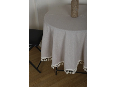 Bej Ham Ponponlu YUVARLAK Masa Örtüsü