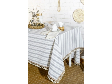 Çizgili Gri Şeritli Ponponlu Masa Örtüsü