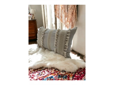 Ham Keten Üç Dantelli Ponponlu Kırlent Kırlent Kılıfı