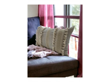 Ham Keten Üç Dantelli Ponponlu Kırlent Kırlent Kılıfı