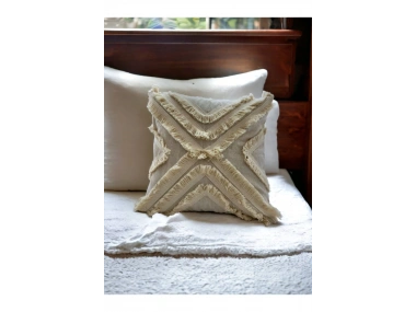 Ham Keten Çoklu Püsküllü Kare Kırlent Kırlent Kılıfı 43x43