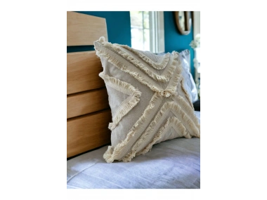 Ham Keten Çoklu Püsküllü Kare Kırlent Kırlent Kılıfı 43x43