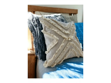 Ham Keten Çoklu Püsküllü Kare Kırlent Kırlent Kılıfı 43x43