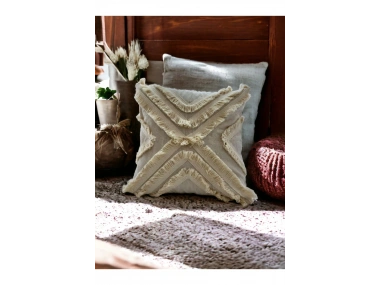 Ham Keten Çoklu Püsküllü Kare Kırlent Kırlent Kılıfı 43x43