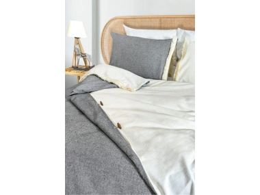 Çift Renkli Püsküllü (Antrasit - Krem) Keten Çift Kişilik Nevresim Takımı