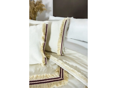 Beyaz Pamuk Keten Renkli Püsküllü Çift Kişilik Nevresim Takımı