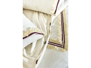 Beyaz Pamuk Keten Renkli Püsküllü Çift Kişilik Nevresim Takımı