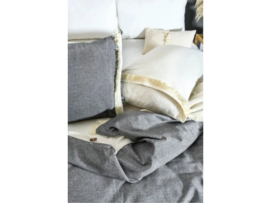 Çift Renkli Püsküllü (Antrasit - Krem) Keten Tek Kişilik Nevresim Takımı