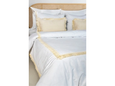 Beyaz Pamuk Keten Kare Püsküllü Tek Kişilik Nevresim Takımı