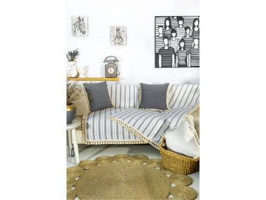 Gri Çizgili Otantik Keten Koltuk Örtüsü