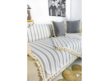 Gri Çizgili Otantik Keten Koltuk Örtüsü