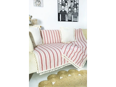 Bordo Çizgili Ham Ponponlu Otantik Koltuk Örtüsü Koltuk Şalı