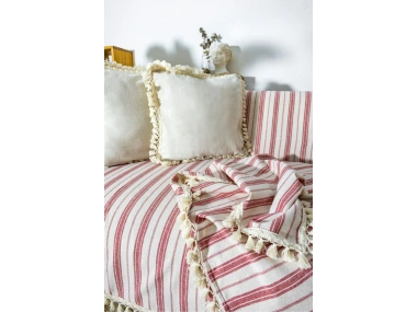 Bordo Çizgili Ham Ponponlu Otantik Koltuk Örtüsü Koltuk Şalı