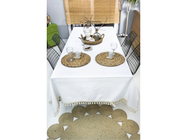 Beyaz Keten Ham Ponponlu Masa Örtüsü