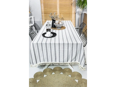 Gri Çizgili HAM Ponponlu Masa Örtüsü
