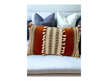 Kiremit Rengi Üçlü Kahve Dantelli Kırlent Kırlent Kılıfı