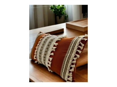 Kiremit Rengi Üçlü Kahve Dantelli Kırlent Kırlent Kılıfı