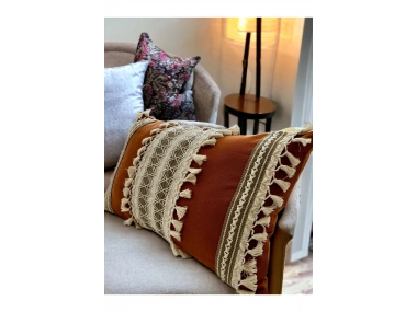 Kiremit Rengi Üçlü Kahve Dantelli Kırlent Kırlent Kılıfı