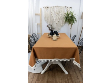 Kiremit Tarçın Renk Keten Ham Ponponlu Masa Örtüsü