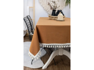 Kiremit Tarçın Renk Keten Ham Ponponlu Masa Örtüsü