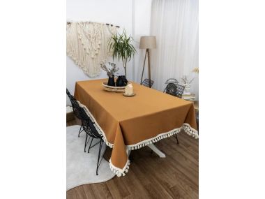 Kiremit Tarçın Renk Keten Ham Ponponlu Masa Örtüsü