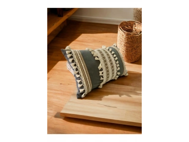 Gri Keten Üçlü Kahverengi Dantelli Kırlent Kırlent Kılıfı