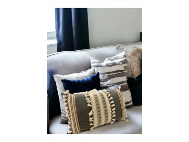 Gri Keten Üçlü Kahverengi Dantelli Kırlent Kırlent Kılıfı