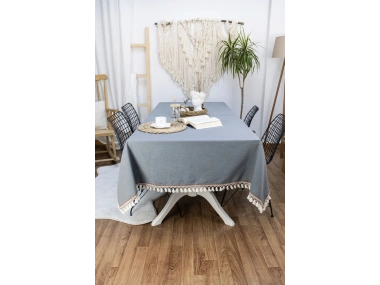 Premium Keten Füme Renk Kahverengi Şeritli Ponponlu Masa Örtüsü