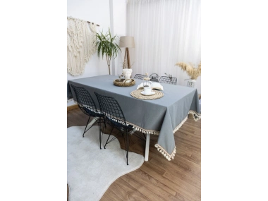 Premium Keten Füme Renk Kahverengi Şeritli Ponponlu Masa Örtüsü