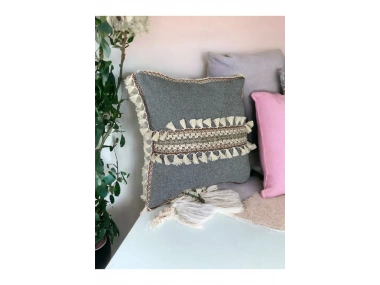 Antrasit Şeritli Ponponlu Kırlent Kırlent Kılıfı(43x43)