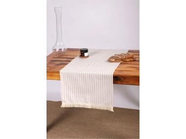 Keten Açık Kahve Çizgili Püsküllü Runer Masa Örtüsü (45 x 150)