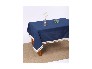 Premium Keten Lacivert Ponponlu Masa Örtüsü