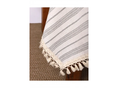 Keten Gri Antrasit Çizgili Ponponlu Masa Örtüsü