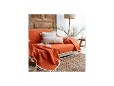 Premium Keten Tarçın KAHVERENGİ Ponponlu Koltuk Örtüsü (170 x 220)