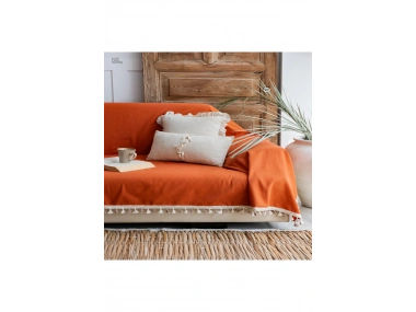 Premium Keten Tarçın KAHVERENGİ Ponponlu Koltuk Örtüsü (170 x 220)