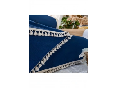 Premium Keten Lacivert  Ponponlu  Koltuk Örtüsü (170 x 220)