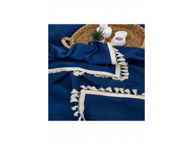 Premium Keten Lacivert  Ponponlu  Koltuk Örtüsü (170 x 220)