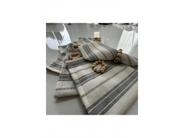 Gri Kalın Çizgili Keten 6lı Peçete Takımı (Toka Hediyeli)