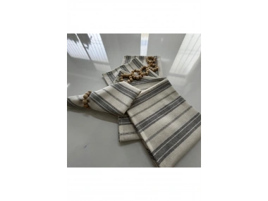 Gri Kalın Çizgili Keten 6lı Peçete Takımı (Toka Hediyeli)