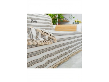 Premium Keten Kahverengi Çizgili Bej Ponponlu   Koltuk Örtüsü (170 x 220)