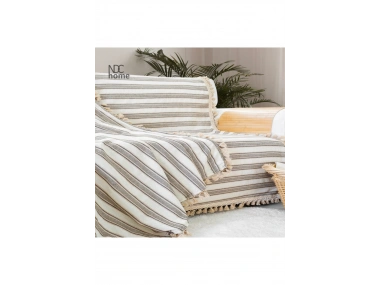 Premium Keten Kahverengi Çizgili Bej Ponponlu   Koltuk Örtüsü (170 x 220)