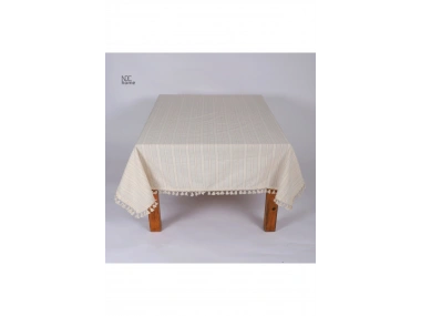 Buldan Dokuması Çizgili Krem Keten Ponponlu Masa Örtüsü