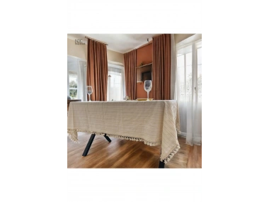 Buldan Dokuması Çizgili Krem Keten Ponponlu Masa Örtüsü