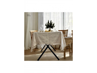 Buldan Dokuması Çizgili Krem Keten Ponponlu Masa Örtüsü